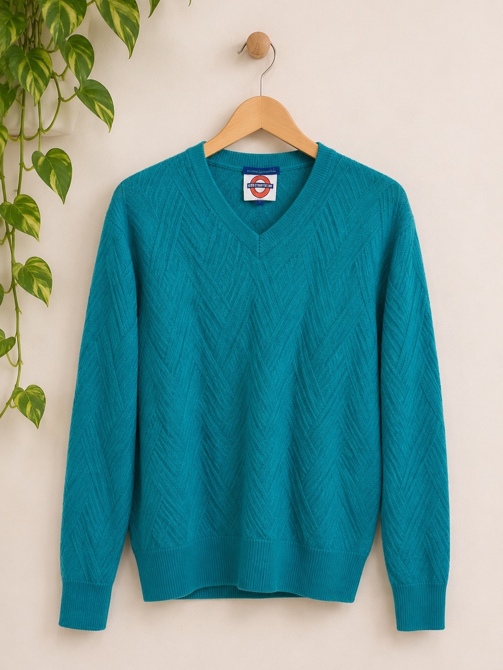 Vintage Turquoise Merino Wool Sweater Women's S V Neck Textured Knit Soft Cozy
